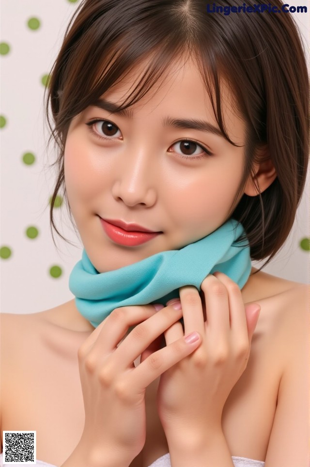 A woman wearing a blue neck gaiter is posing for a picture.