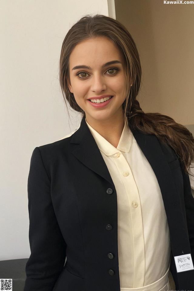 A woman in a black jacket and white shirt posing for a picture.