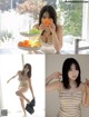 A woman in a striped bathing suit holding a bowl of fruit.