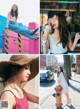 A collage of photos of a woman eating an ice cream cone.