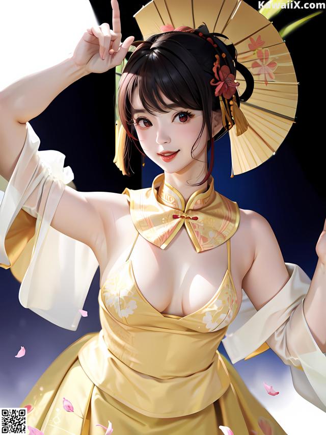 A woman in a yellow dress holding a fan.
