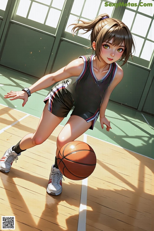 A girl in a basketball uniform dribbling a basketball on a court.