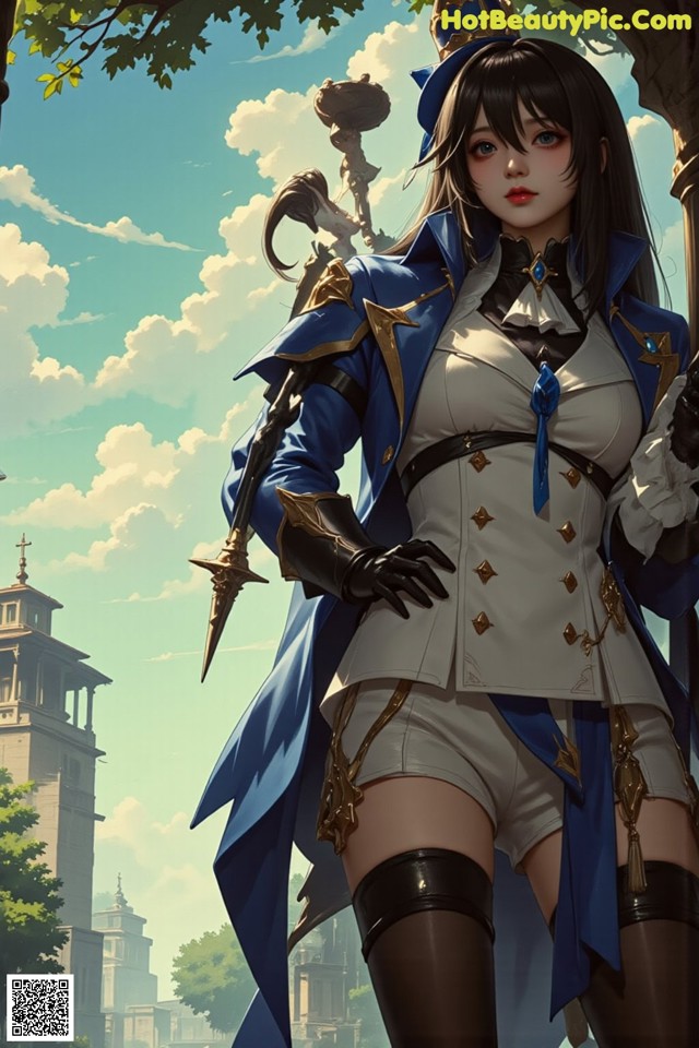 A woman in a blue and white outfit holding a sword.