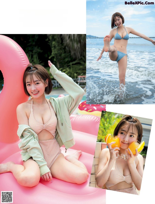 A woman in a bikini sitting on an inflatable pool float.