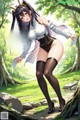 A woman in a white shirt and black stockings standing in a forest.