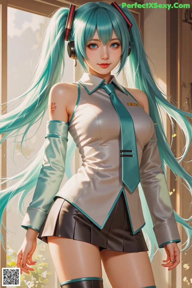 A woman with long blue hair wearing a uniform and headphones.