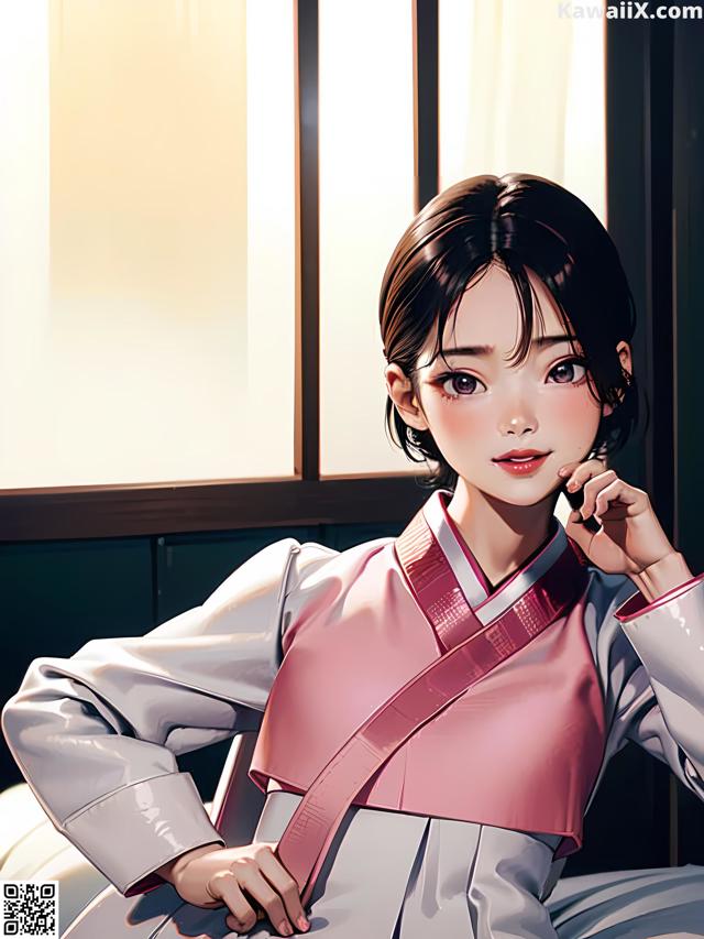 A woman in a pink and white kimono sitting on a bed.